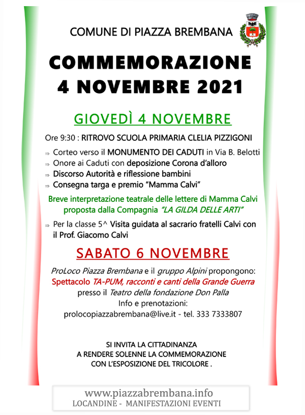 Piazza Brembana (Bg) - Commemorazione 4 novembre 2021. Locandine manifestazioni eventi a Piazza Brembana - Piazza Brembana Locandine -