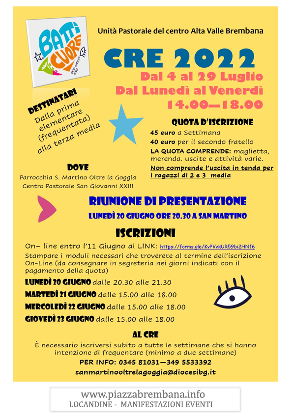 Piazza Brembana (Bg) - CRE 2022 dal 4 al 29 luglio. Locandine manifestazioni eventi a Piazza Brembana - Piazza Brembana Locandine -