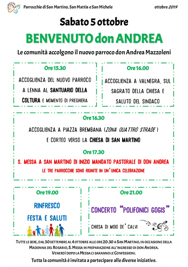 Benvenuto a don Andrea Mazzoleni. Locandine manifestazioni eventi a Piazza Brembana - Benvenuto a don Andrea Mazzoleni.