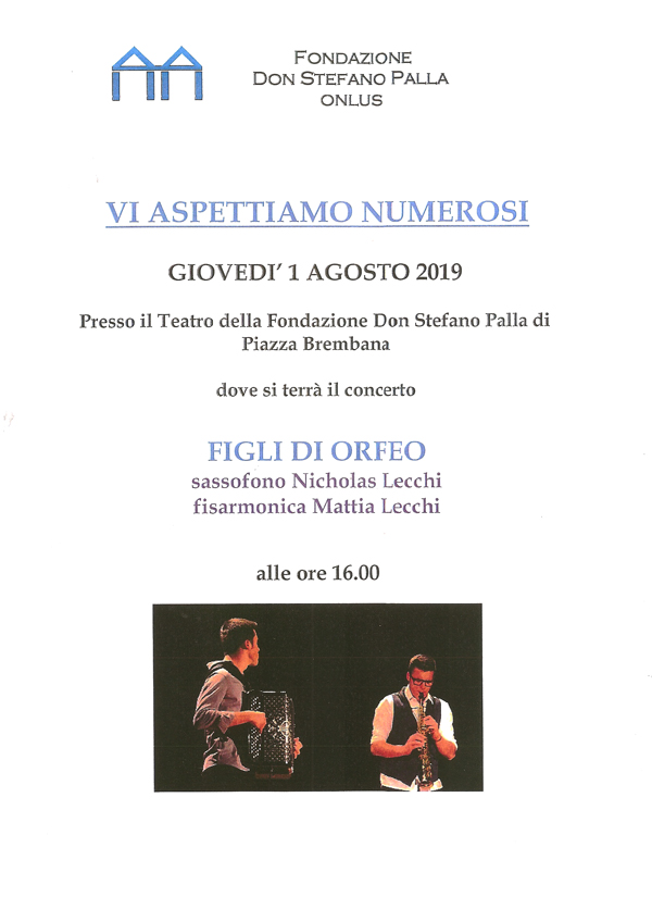 Concerto con fisarmonica e sassofono - Figli di Orfeo. Locandine manifestazioni eventi a Piazza Brembana - Concerto con fisarmonica e sassofono - Figli di Orfeo.