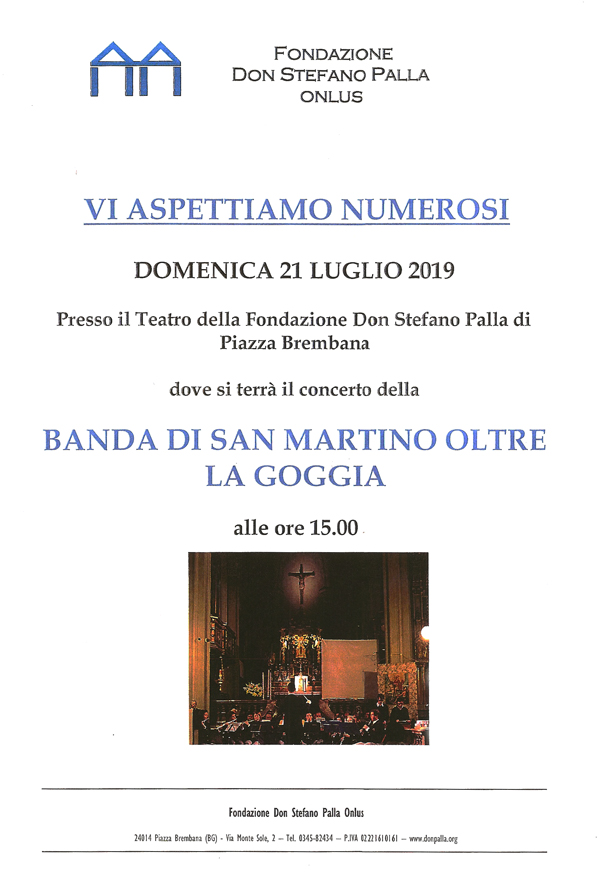 Locandine manifestazioni eventi a Piazza Brembana - Fondazione Don Stefano Palla - Concerto Banda di San Martino Oltre la Goggia.