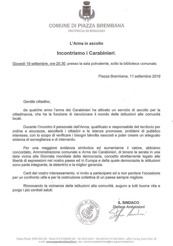 Incontriamo i carabinieri - l'Arma in ascolto. Locandine manifestazioni eventi a Piazza Brembana - Incontriamo i carabinieri - l'Arma in ascolto.