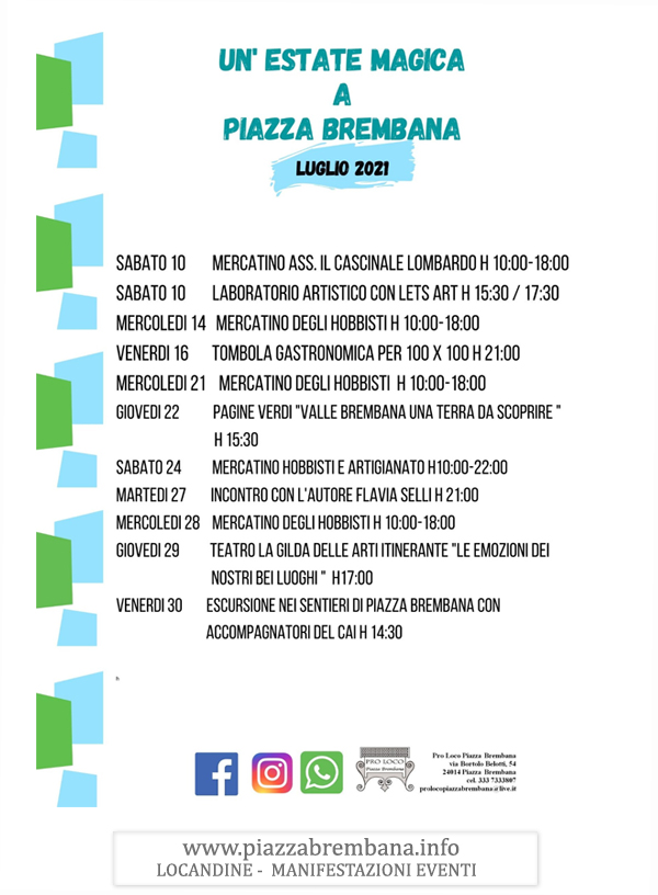 Piazza Brembana (Bg) - Manifestazioni eventi in programma nel mese di luglio 2021. Locandine manifestazioni eventi a Piazza Brembana - Piazza Brembana Locandine -