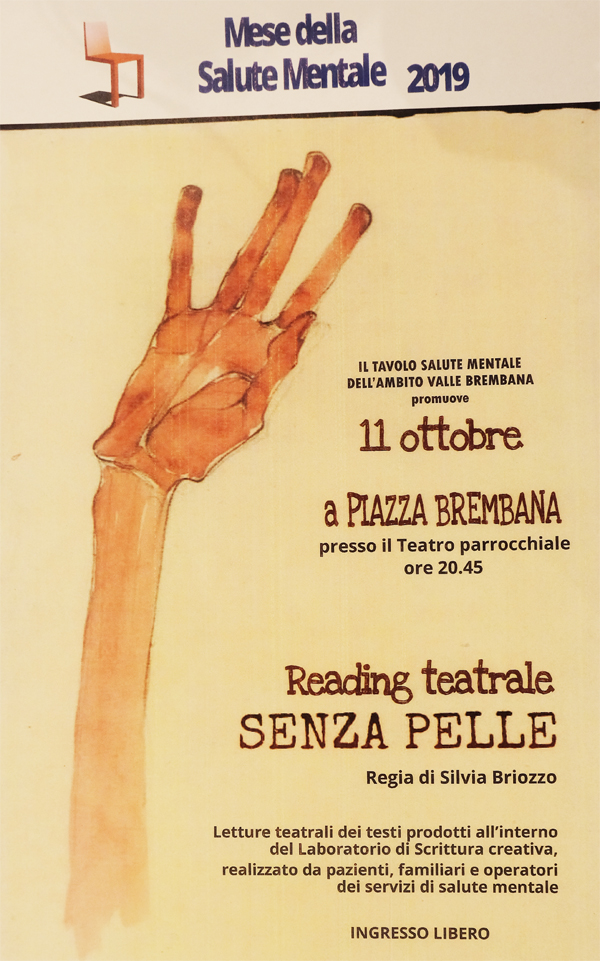 MESE DELLA SALUTE MENTALE 2019 - Reading teatrale SENZA PELLE. Locandine manifestazioni eventi a Piazza Brembana - MESE DELLA SALUTE MENTALE 2019 - Reading teatrale SENZA PELLE.